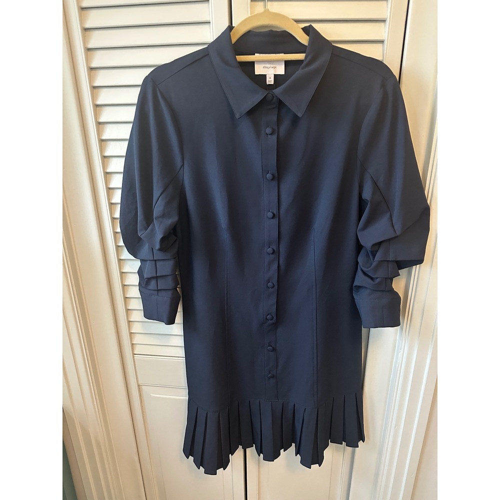 Cinq a Sept Lucilla Dress Navy Blue Pleated Ruffle Ruched Sleeve Mini NWT Size 8 - Picture 5 of 7